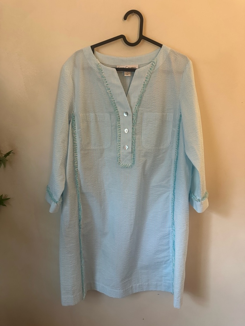 Sara Campbell Blue Striped Tunic Dress Size Large Fringe Detail